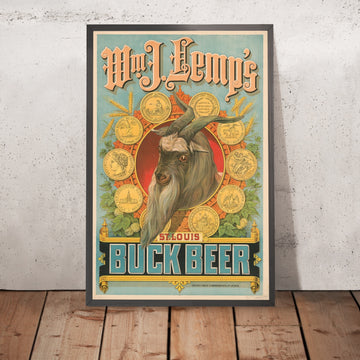 A framed image of Wm. J. Lemp’s Vintage Buck Beer Poster, 1886