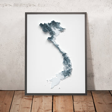 A framed image of a 3D style topographic relief map ofVietnam 