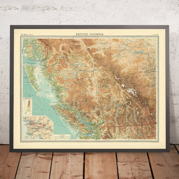 Antiguo mapa de Vancouver y Columbia Británica de Bartholomew, 1922: Victoria, Montañas Rocosas, Isla de Vancouver, río Fraser 