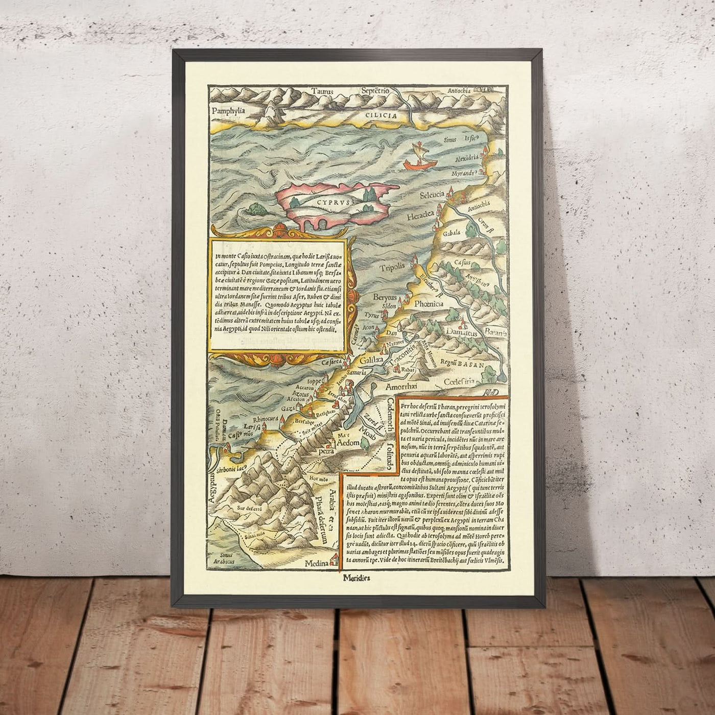 Alte Karte von Zypern und dem Heiligen Land von Münster, 1554: Jerusalem, Berg Sinai, Medina, Segelschiffe, Taurusgebirge.