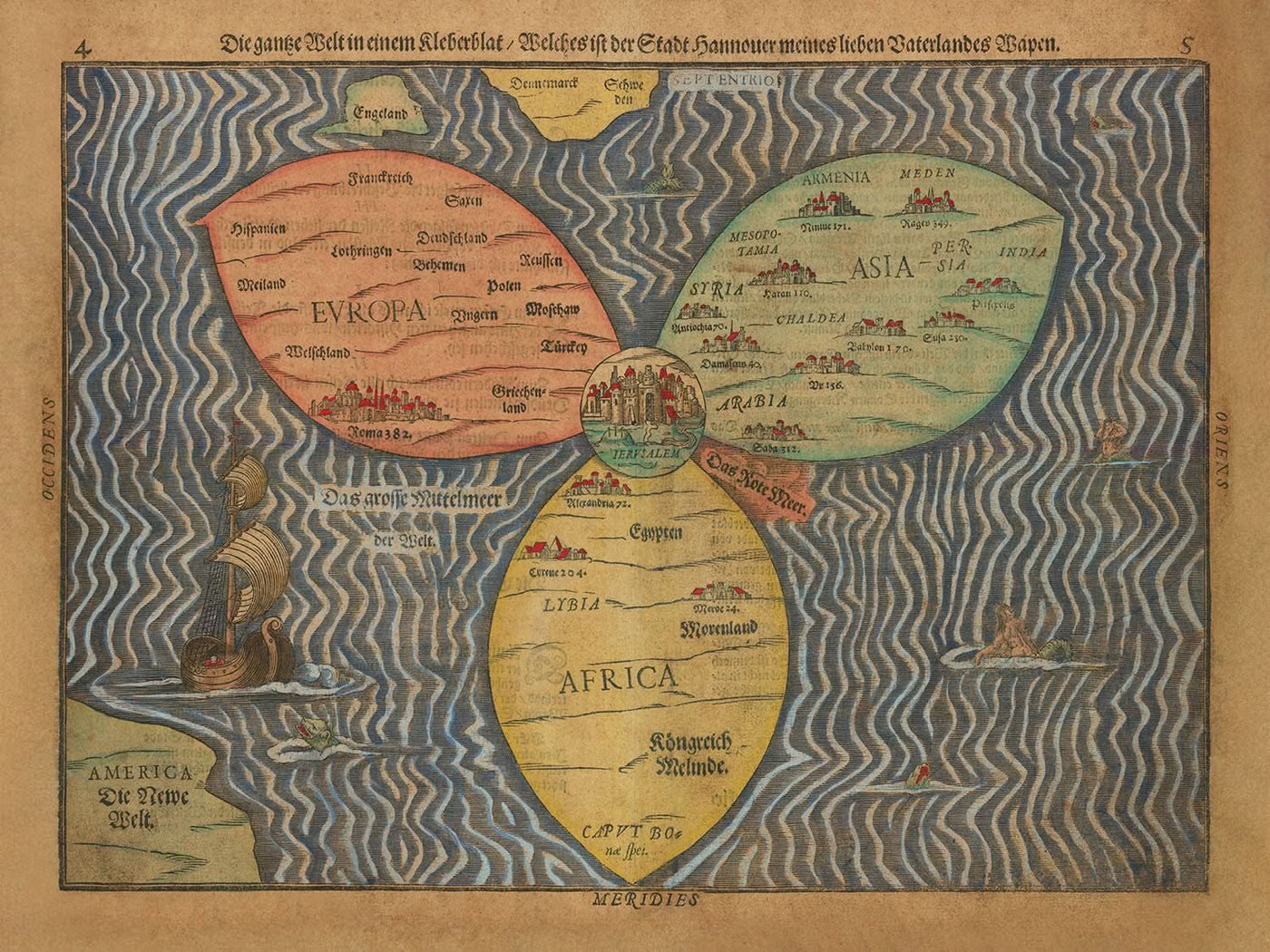 Alte Weltkarte des Kleeblatts von Bunting, 1582: Jerusalem-Zentrum, Kleeblatt-Design, fantastische Elemente