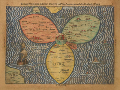 Old Cloverleaf World Map with Jerusalem in the Middle by Bunting, 1582 ...