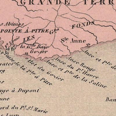 Old Map of Guadeloupe by Vuillemin, 1869: Pointe-à-Pitre, Basse-Terre, Grande-Terre, Marie-Galante, Sugarcane