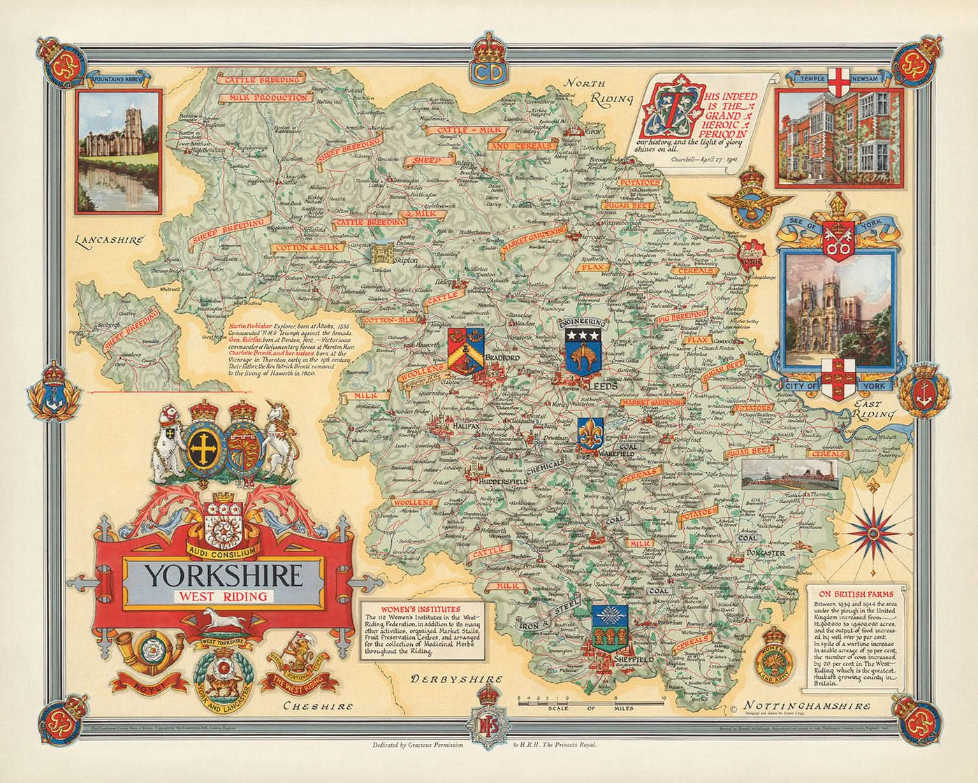 Alte Bildkarte von West Riding of Yorkshire von Clegg, 1946: Leeds, Bradford, Flüsse, Churchill-Zitate, Wappen