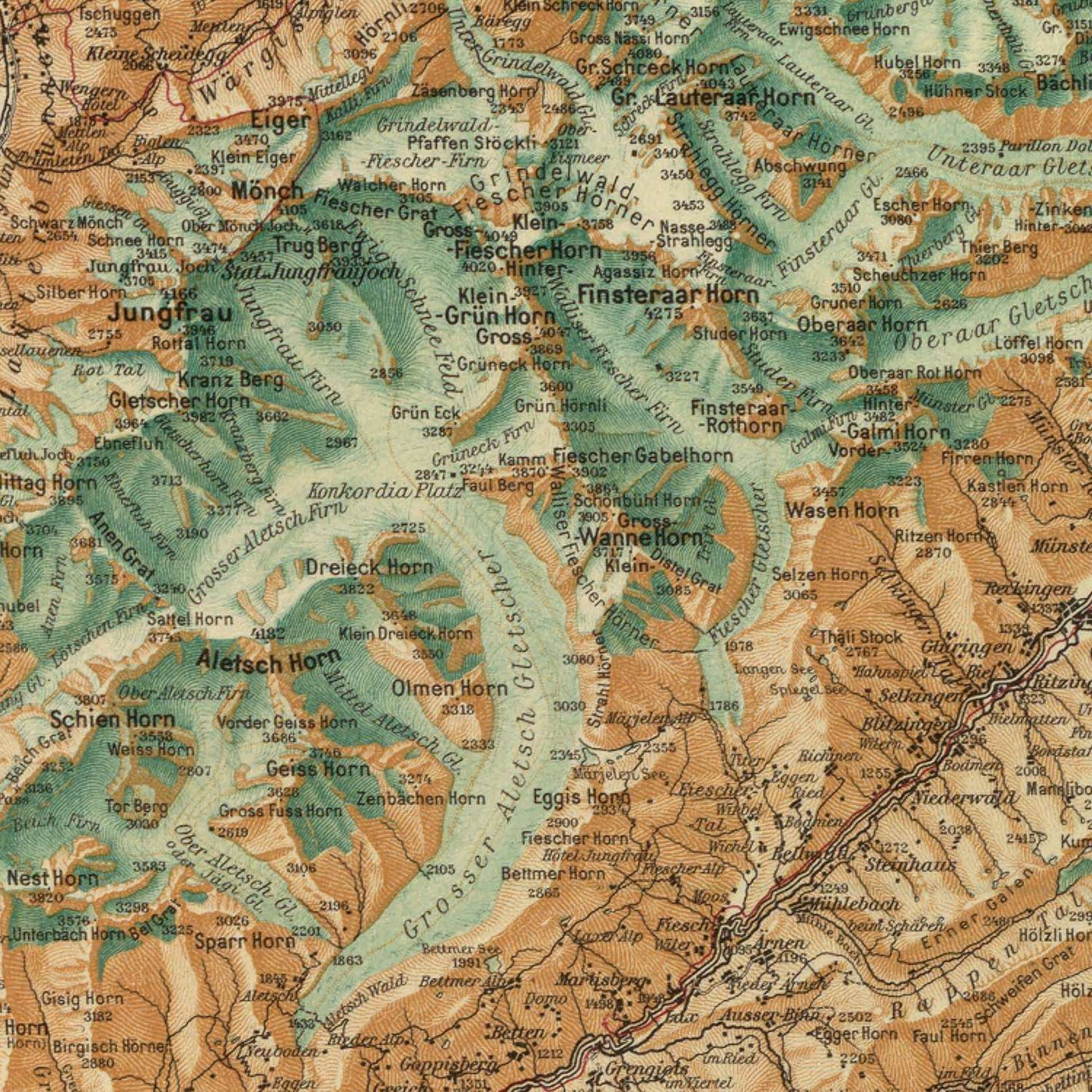 Rare Physical Map of the Alps by Touring Club Italiano, 1929: Mont Blanc, Matterhorn, Monte Rosa, Jungfrau, Lake Garda