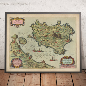 Old Map of Ischia, Italy by Blaeu, 1663: Ischia Porto, Forio, Casamicciola, Ischia Ponte, Mt Epomeo
