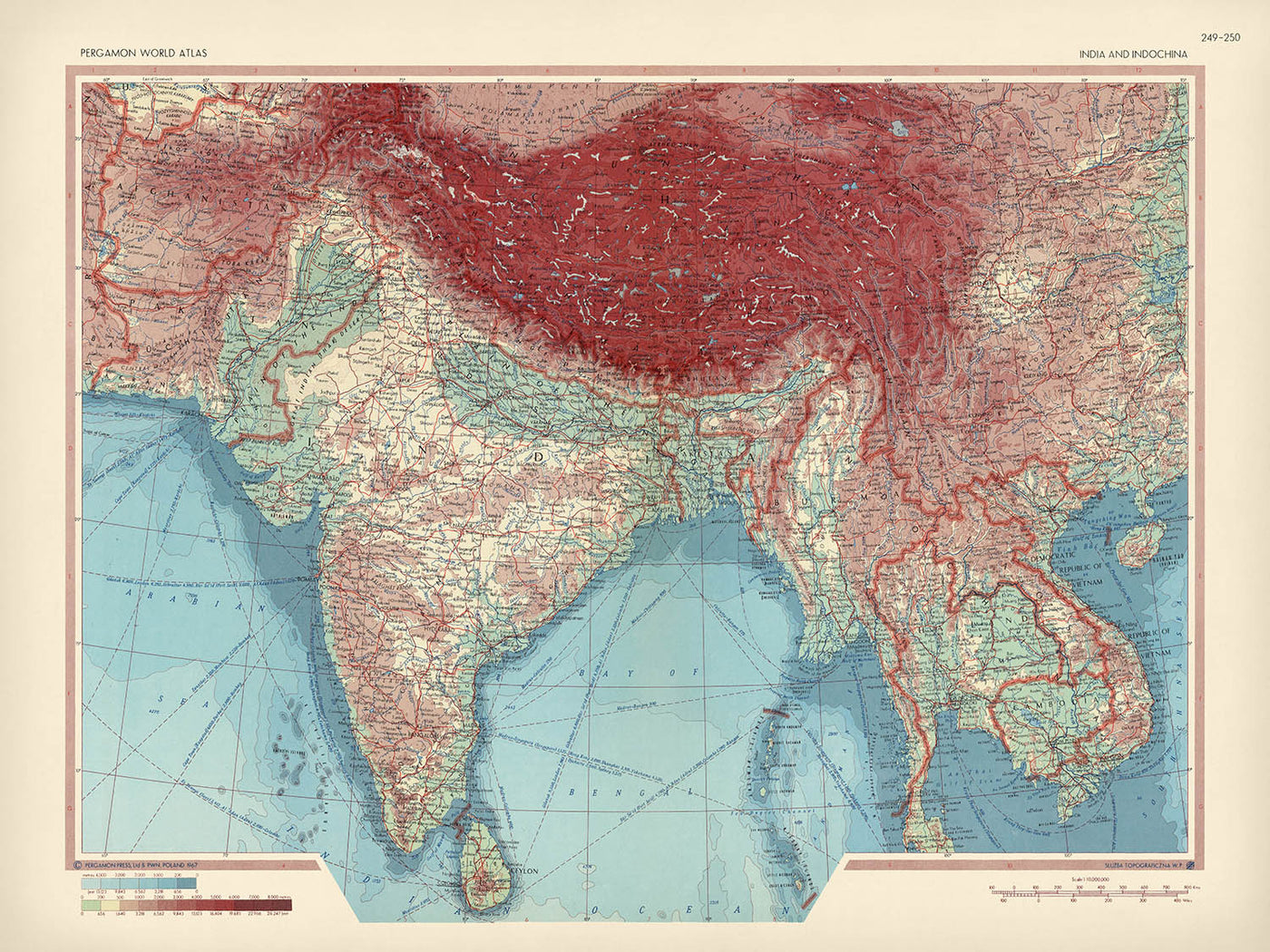 Old Map of India & Indochina, 1967: Thailand, Burma, Himalayas, Ganges, Mekong
