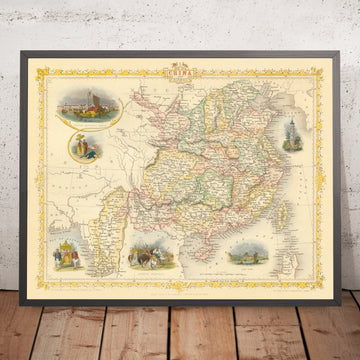 Vieille carte de la Chine et de la Birmanie par Tallis, 1851 : Taïwan, Myanmar, Hong Kong, Grande Muraille, Canton, Yangtsé, Lhassa 