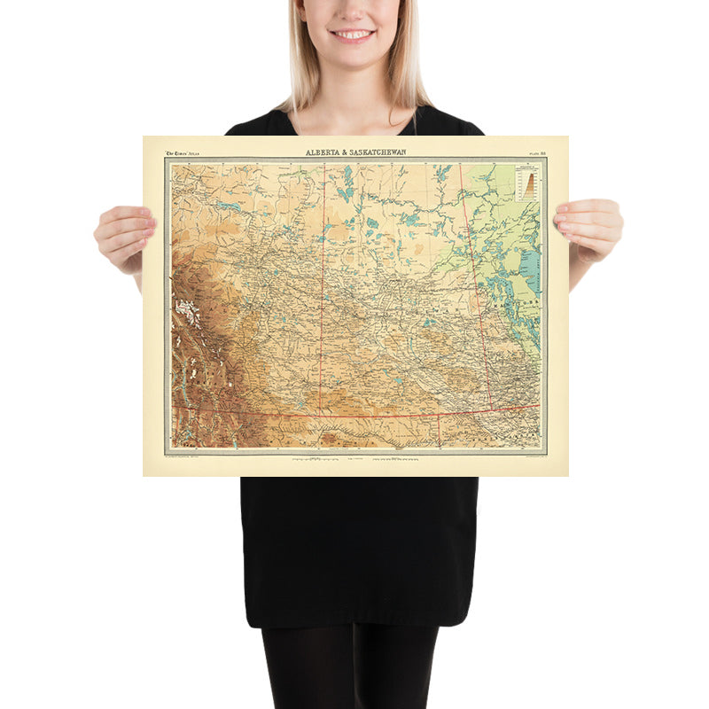 Old Map of Alberta & Saskatchewan by Bartholomew, 1922: Calgary, Edmonton, Rockies
