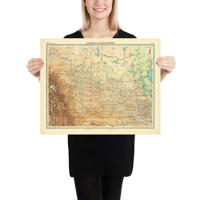 Old Map of Alberta & Saskatchewan by Bartholomew, 1922: Calgary, Edmonton, Rockies