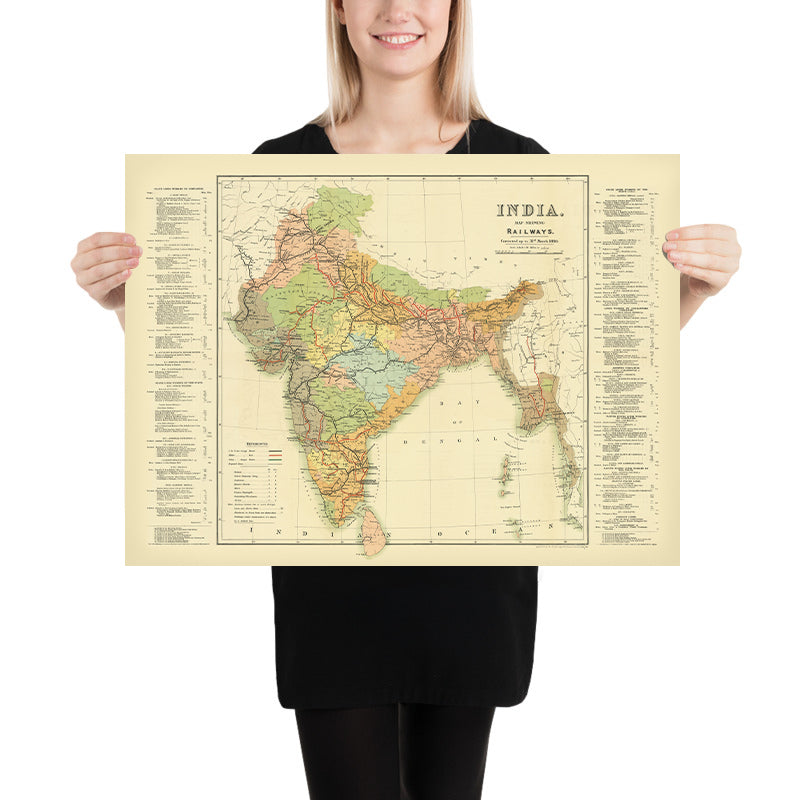 Large Old Railway Map of India by Judd, 1890: Mumbai, Delhi, Kolkata, Ganges River, Himalayas