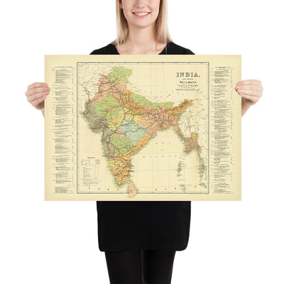 Large Old Railway Map of India by Judd, 1890: Mumbai, Delhi, Kolkata, Ganges River, Himalayas