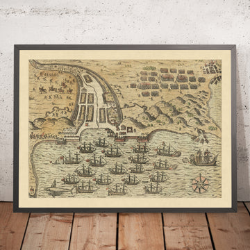 El ataque de Sir Francis Drake a Santiago por De Bry, 1599: Mapa de batalla, flota, tropas, fortificaciones 