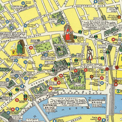 Ancienne carte illustrée de Londres par Bullock, 1965 : Tour de Londres, St. Paul's, Westminster, Hyde Park, Soho.