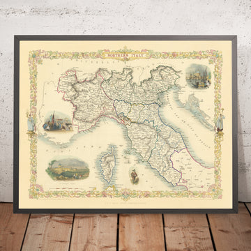 Mapa antiguo del norte de Italia de Tallis, 1851: Venecia, Alpes, Basílica de San Pedro, Lago de Garda 