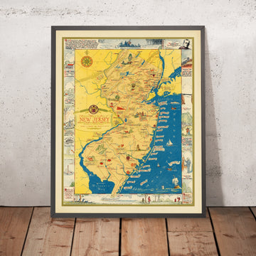 Old Pictorial New Jersey Map by Des Rosiers 1939: Washington Crossing, Trenton-Princeton, Morristown, Monmouth, D&R Canal