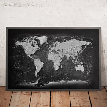 Modern Map of the World by Ray&Co, 2025: Monochrome Industrial, Raised Relief & Bathymetry