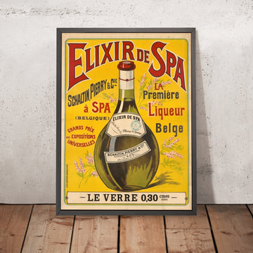A framed image of Elixir de Spa Vintage Liqueur Poster, 1900
