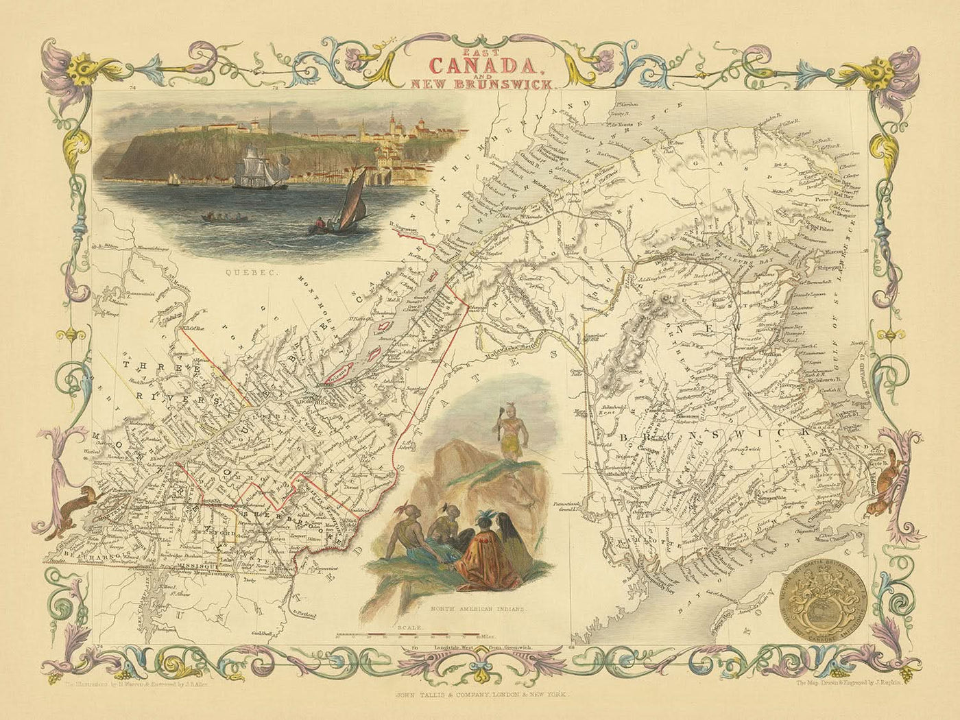 Alte dekorative Karte von Kanada von Tallis, 1851: Montreal, Quebec City, St. Lawrence River, Appalachen, Vignetten