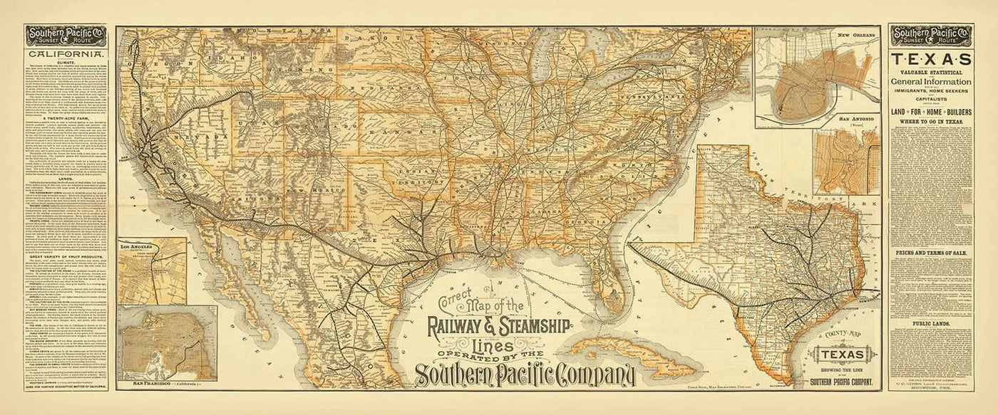 Large Old Rare Map of the United States by Poole Brothers, 1893: Railways, Steamship Routes