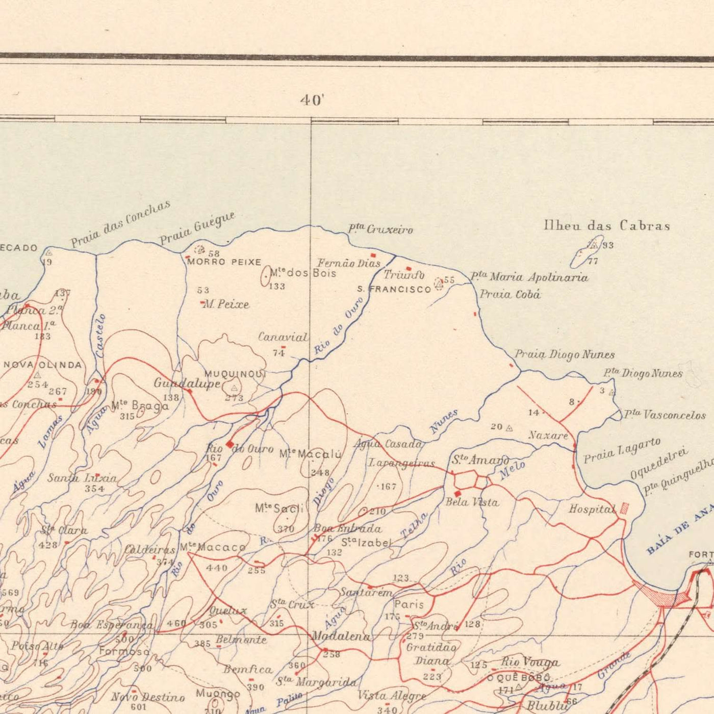 Mapa antiguo de São Tomé, 1945: São Tomé, Neves, Trindade, ríos, montañas