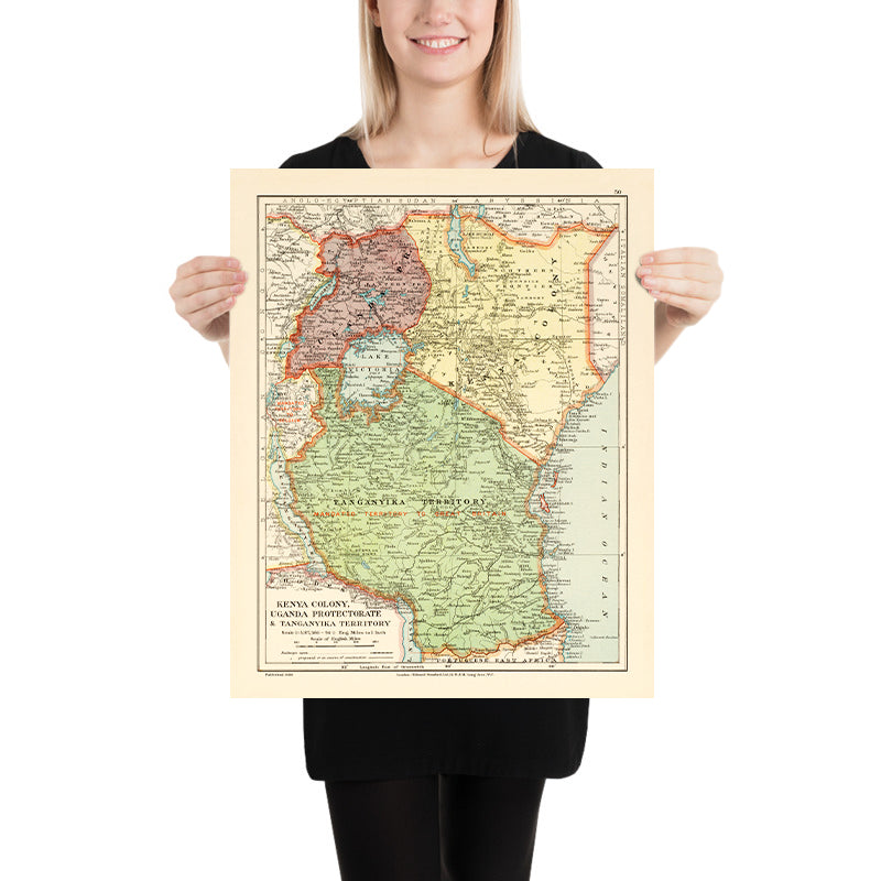 Alte koloniale Karte von Kenia, Uganda, Ruanda und Tansania von Edward Stanford, 1926: Nairobi, Kampala, Viktoriasee, Kilimandscharo, Uganda-Bahn 