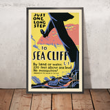 Póster de viaje de Sea Cliff, Long Island: Just One Long Step, 1936 