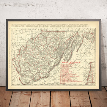 Old Railroad Map of West Virginia, 1896: Charleston, Huntington, Ohio River, B&O RR, New River Gorge