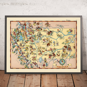 Mappa Pittorica del Montana di Ruth Taylor White, 1935: Billings, Missoula, Parco Nazionale di Yellowstone e Parco Nazionale del Glacier, Montagne Rocciose, Fiume Missouri 
