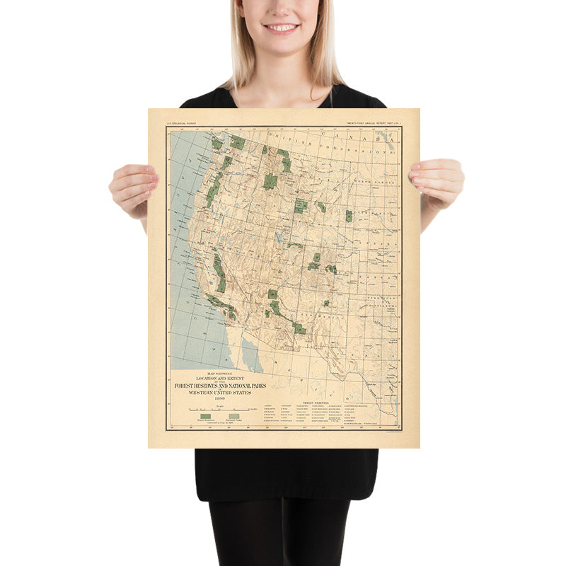 Mappa antica delle foreste e dei parchi nazionali negli Stati Uniti occidentali a cura dell&