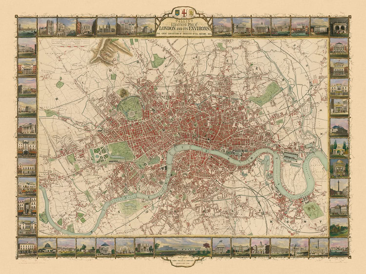 Alte illustrierte Karte von London von Tallis, 1851: Themse, Hyde Park, Regent's Park, Westminster, Oxford St