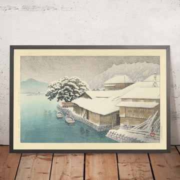Una imagen enmarcada de Nieve vespertina en Ishinomaki, de Hasui Kawase, 1935