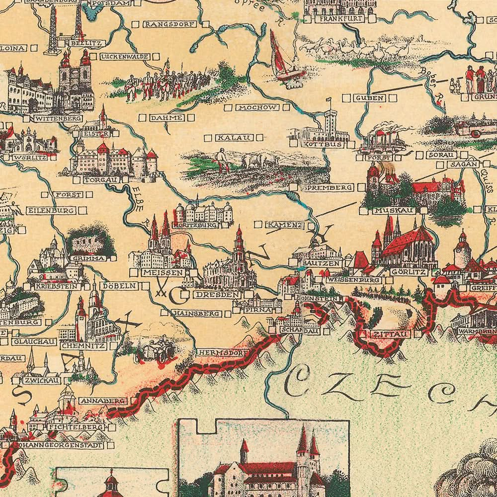 Old Pictorial Map of Germany by Chase, 1935: Berlin, Munich, North Sea, Landmarks, Blimps