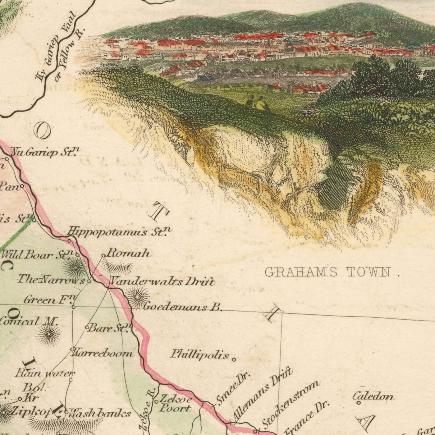 Old Map of Cape Colony (South Africa) by Tallis, 1851: Cape Town, Table Mountain, Knysna, Algoa Bay, Great Karroo