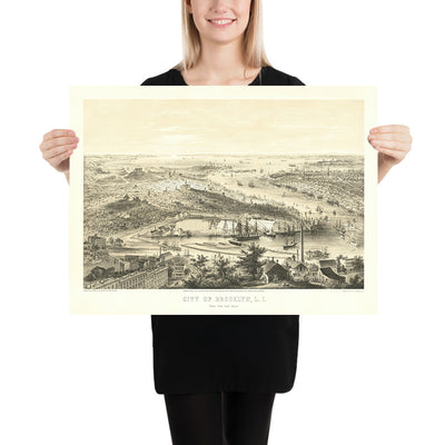 Old Bird’s-Eye Map of Brooklyn by Bornet, 1855: Naval Yard, Brooklyn Heights, DUMBO, Williamsburg, Lower Manhattan