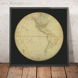 Antiguo mapa plano de la Tierra de las Américas de Peary, 1905: globo plano, rutas marítimas, husos horarios 