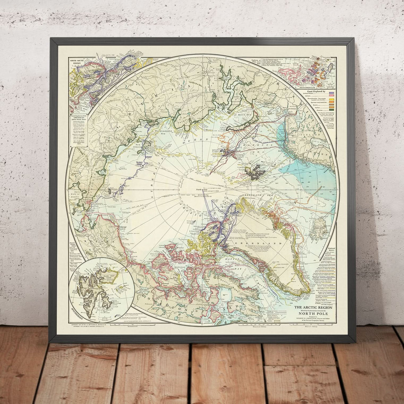 Old Map of North Pole Exploration, 1910: Peary's Route, Arctic Voyages