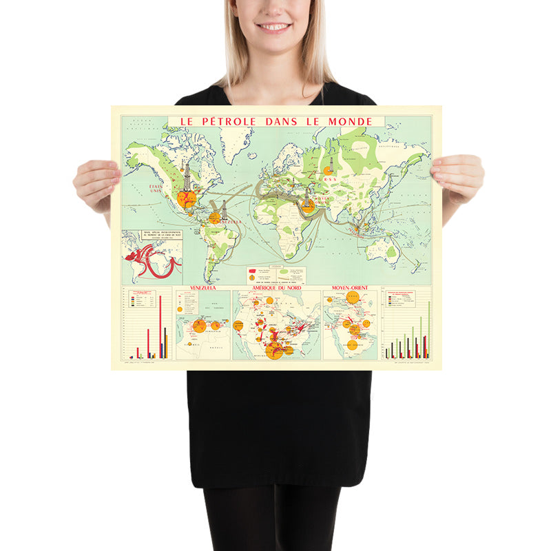 Old French World Map of the Global Petroleum Industry, 1958: Suez Crisis Impact, Oil Fields, Mid-Century Cartography