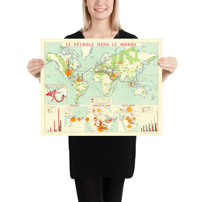 Old French World Map of the Global Petroleum Industry, 1958: Suez Crisis Impact, Oil Fields, Mid-Century Cartography