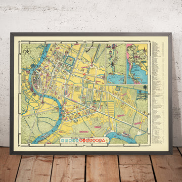 Mapa antiguo de Bangkok, 1954: Chao Phraya, Wat Arun, Gran Palacio, Dusit, Parque Lumphini 