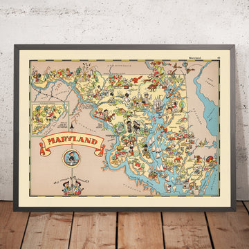 Mappa Pittorica del Maryland di Ruth Taylor White, 1935: Baltimora, Annapolis, Baia di Chesapeake, Fiume Potomac, Monti Appalachi 