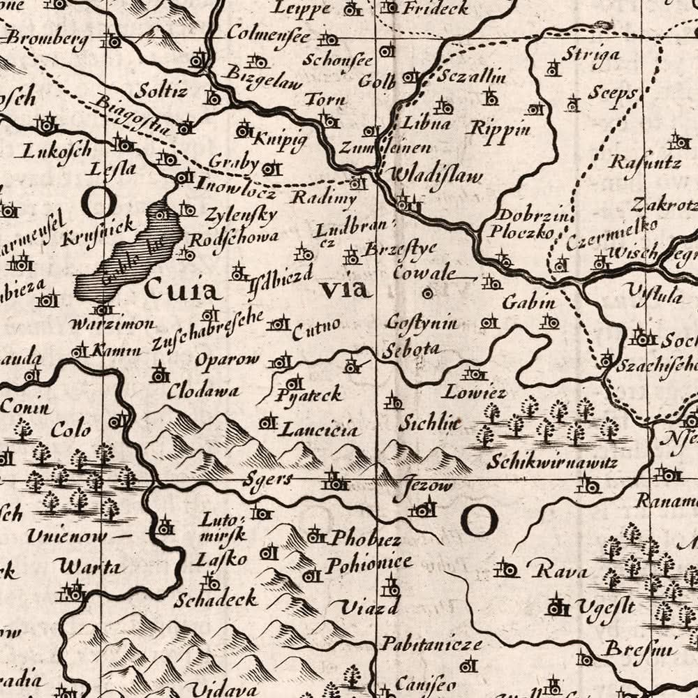 Carte ancienne de la Pologne par Speed, 1676 : Varsovie, Cracovie, Gdańsk, la mer de l'Est, les montagnes