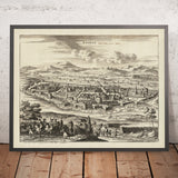 Ancienne carte à vol d’oiseau de Bagdad par van der Aa, 1720 : fleuve Tigre, murailles de la ville, mosquées, marchés, routes caravanes 