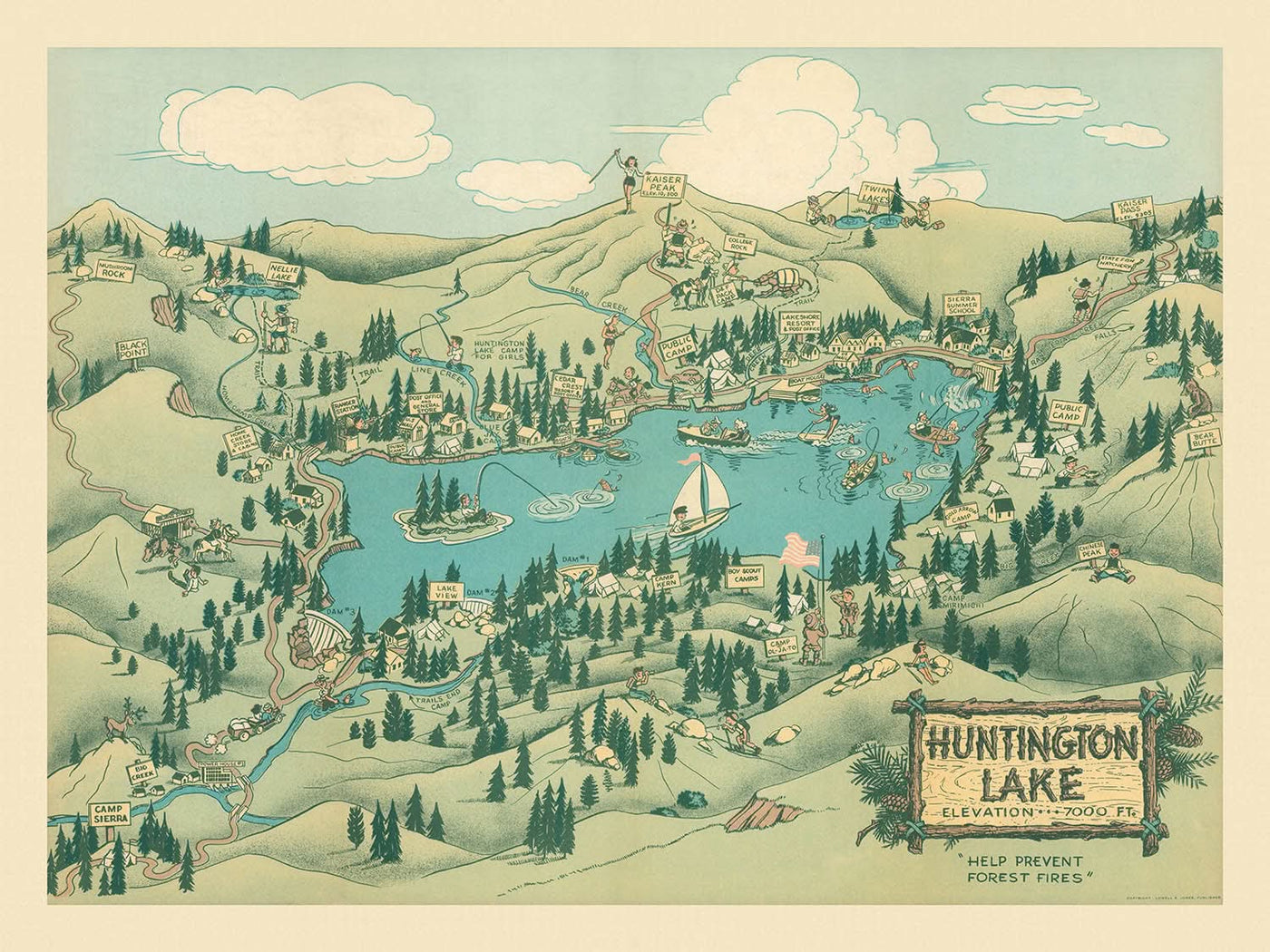 Alte Bildkarte des Huntington Lake von Jones, 1940: Kaiser Peak, Twin Lakes, Camps, Wanderwege, Brandschutz