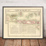 Mappa antica di Bali, Lombok, Komodo, Sumbawa e parte di Giava di Delavault, 1827: Surabaya, Denpasar 