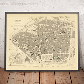 Antica mappa di Bruxelles di SDUK, 1837: Grand Place, Palazzo Reale, Parlamento, Cattedrale di Santa Gudula, anello dei canali 