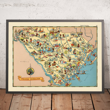 Mapa pictórico de Carolina del Sur por Ruth Taylor White, 1935: Columbia, Charleston, Greenville, costa atlántica, límites de condado 