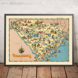 Carte picturale de la Caroline du Sud par Ruth Taylor White, 1935 : Columbia, Charleston, Greenville, Côte Atlantique, frontières des comtés 