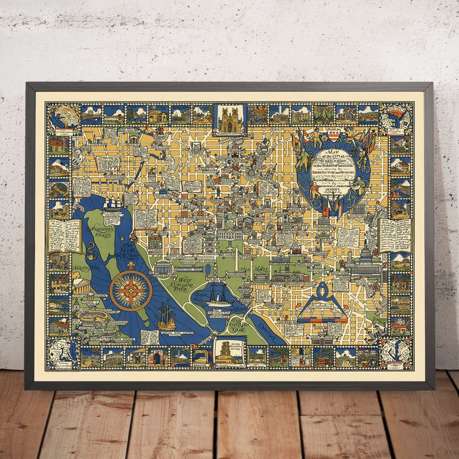 Vecchia mappa pittorica di Washington D.C. di Olsen, 1926: Casa Bianca, Campidoglio, Memoriale di Lincoln, Georgetown, The Mall 