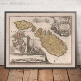 Ancienne carte de Malte par Homann, 1788 : La Valette, Mdina, fortifications, bateaux 
